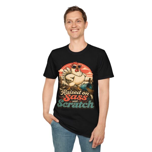 Chicken T-Shirt — "Raised on Sass & Scratch" Vintage Farmhouse Tee