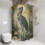 Shoebill Marsh Shower Curtain — Vintage Botanical Bird Bathroom Decor