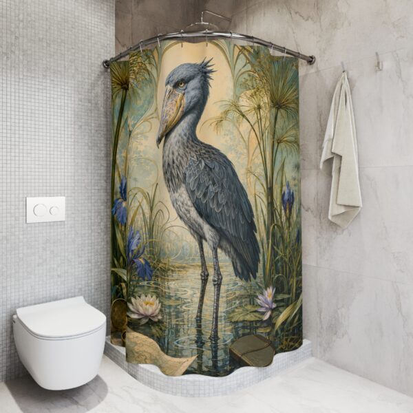 Shoebill Marsh Shower Curtain — Vintage Botanical Bird Bathroom Decor