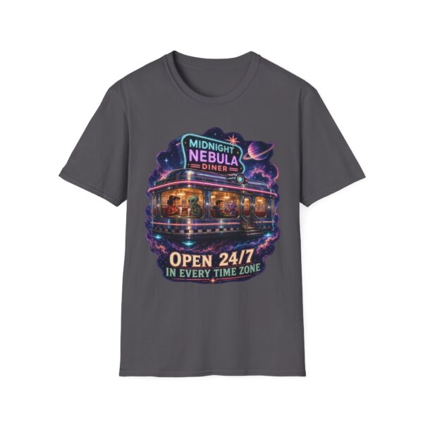 Midnight Nebula Diner T-Shirt — 'Open 24/7 in Every Time Zone' Retro Space Diner Tee