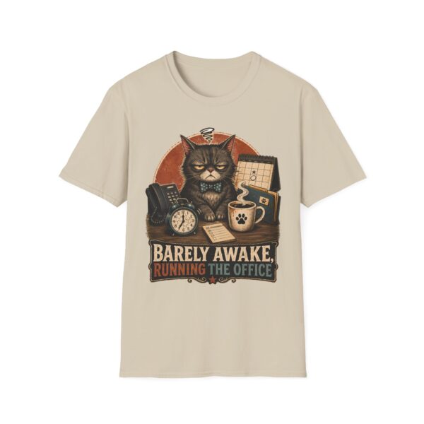 Barely Awake Office Cat T-Shirt — Funny Grumpy Cat Coffee Work Shirt
