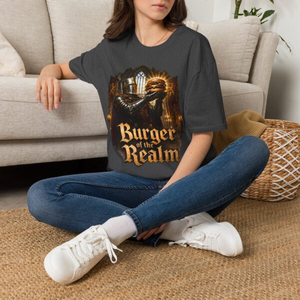 Burger of the Realm T-Shirt — Medieval Knight Holding Burger Graphic Tee