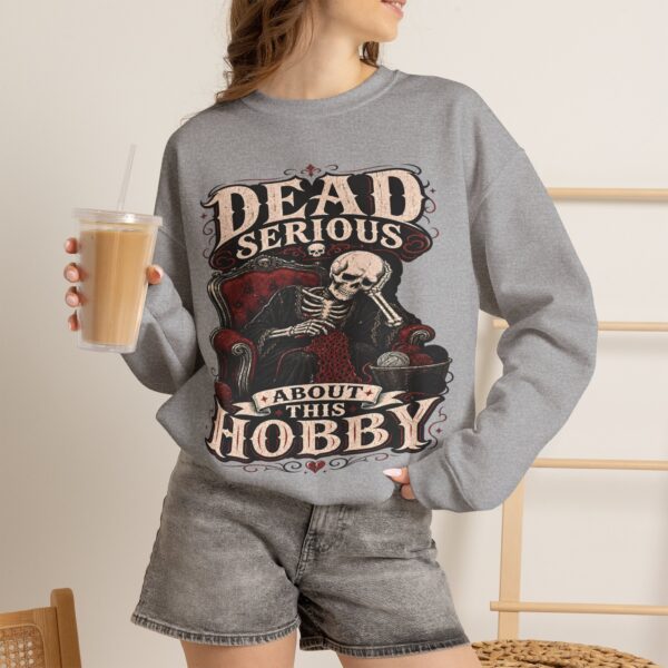 Dead Serious About This Hobby Crewneck Sweatshirt — Skeleton Crocheting Graphic