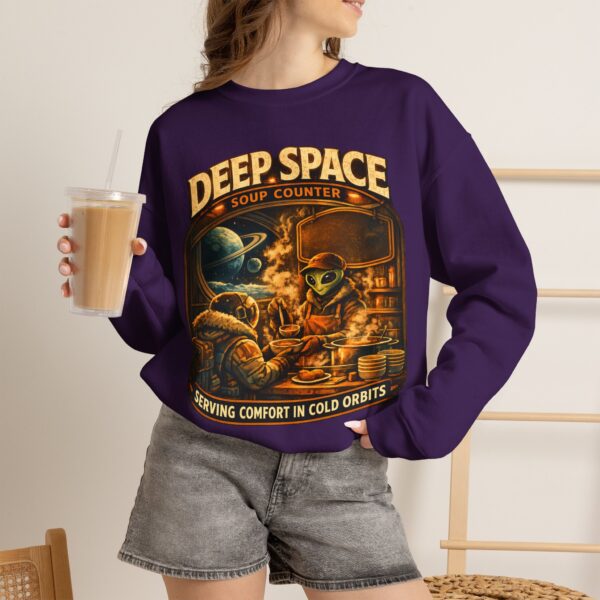 Deep Space Soup Counter Crewneck Sweatshirt — Retro Sci‑Fi Diner Graphic ("Serving Comfort in Cold Orbits")