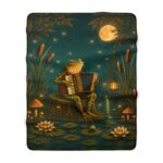 Magical Frog Playing Accordion Sherpa Blanket — Cozy Woodland Moonlight Throw
