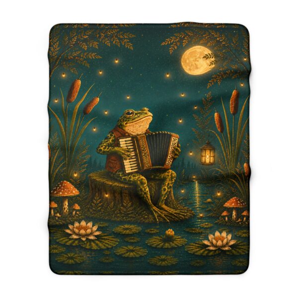 Magical Frog Playing Accordion Sherpa Blanket — Cozy Woodland Moonlight Throw