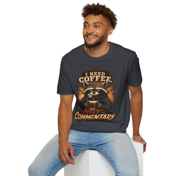 I Need Coffee Not Commentary Raccoon T-Shirt — Funny Coffee Lover Graphic Tee