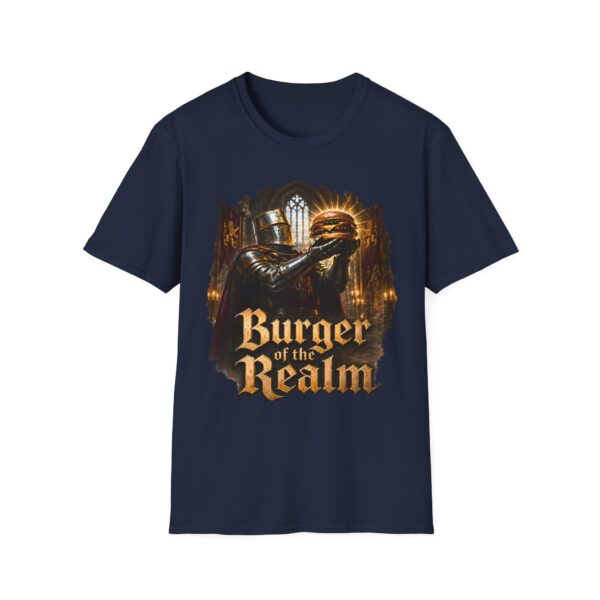 Burger of the Realm T-Shirt — Medieval Knight Holding Burger Graphic Tee