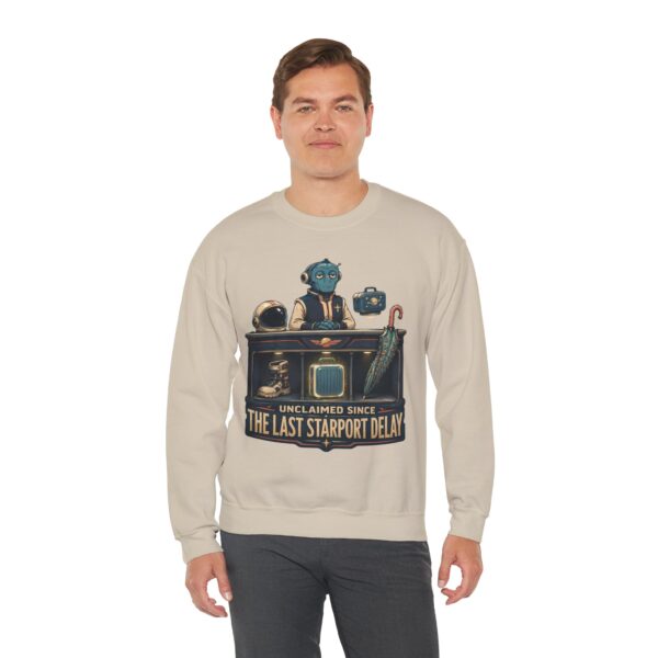 Crewneck Sweatshirt — "Unclaimed Since The Last Starport Delay" Alien Concierge Graphic