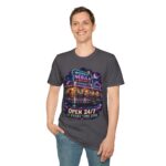 Midnight Nebula Diner T-Shirt — 'Open 24/7 in Every Time Zone' Retro Space Diner Tee