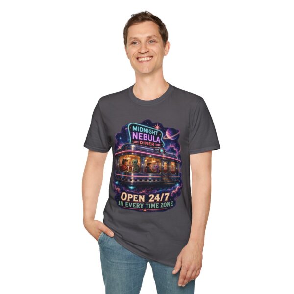Midnight Nebula Diner T-Shirt — 'Open 24/7 in Every Time Zone' Retro Space Diner Tee