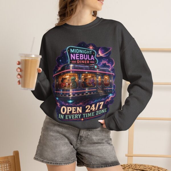 Midnight Nebula Diner Sweatshirt — "Open 24/7 in Every Time Zone"