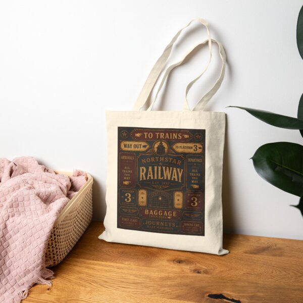 Railway Vintage Sign Tote Bag — Retro Train Station Canvas Tote antique train station signage, with bold directional typography, weathered enamel textures, and classic rail-era layou
