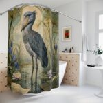 Shoebill Marsh Shower Curtain — Vintage Botanical Bird Bathroom Decor