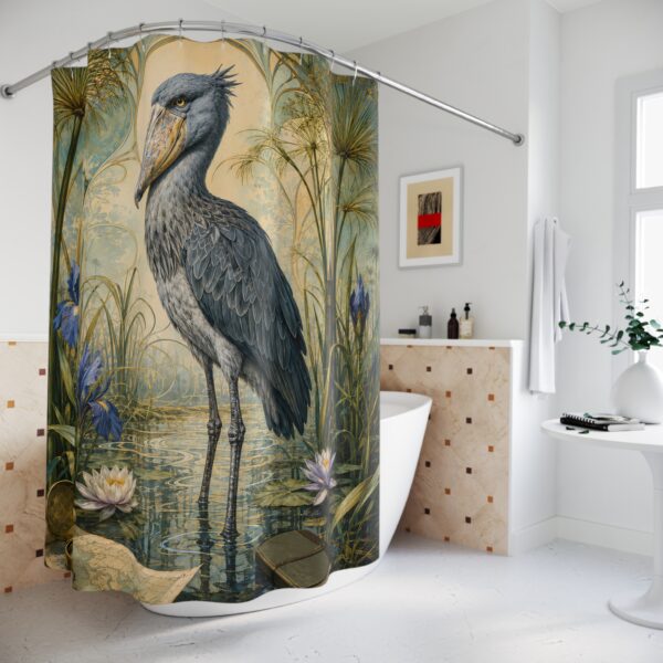 Shoebill Marsh Shower Curtain — Vintage Botanical Bird Bathroom Decor