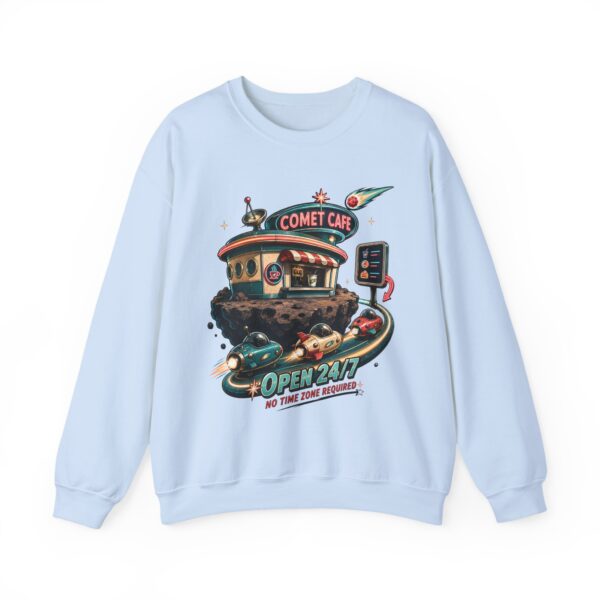 Comet Café Crewneck Sweatshirt — Retro Space Diner “Open 24/7” Graphic