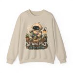 Brewing Peace Robot Sweatshirt — "Brewing Peace One Cup at a Time" Cozy Crewneck