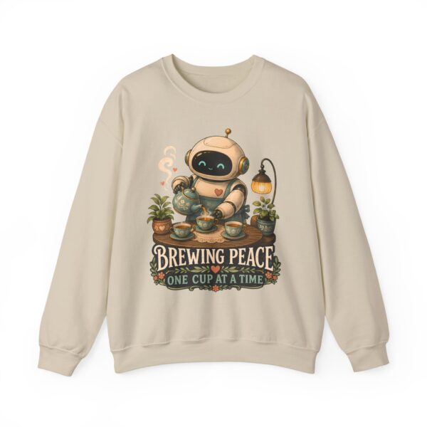Brewing Peace Robot Sweatshirt — "Brewing Peace One Cup at a Time" Cozy Crewneck