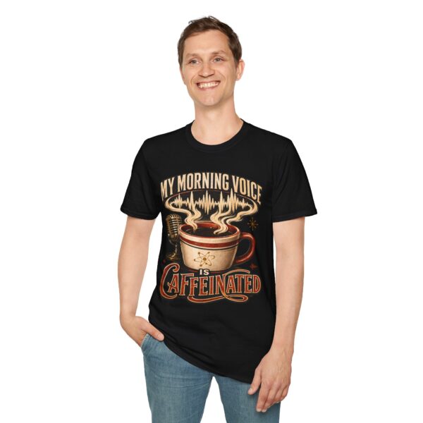 My Morning Voice Is Caffeinated T-Shirt — Coffee, Mic & Soundwave Vintage Tee