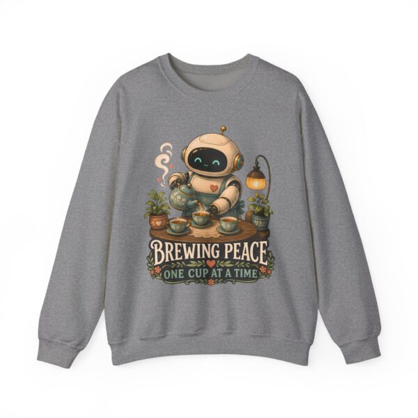 Brewing Peace Robot Sweatshirt — "Brewing Peace One Cup at a Time" Cozy Crewneck
