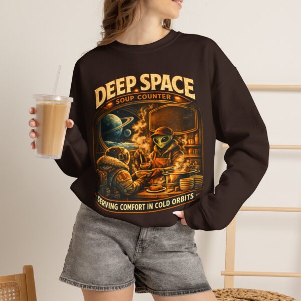 Deep Space Soup Counter Crewneck Sweatshirt — Retro Sci‑Fi Diner Graphic ("Serving Comfort in Cold Orbits")