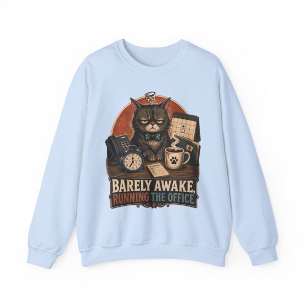 Cat Office Sweatshirt — "Barely Awake, Running the Office" Cozy Crewneck