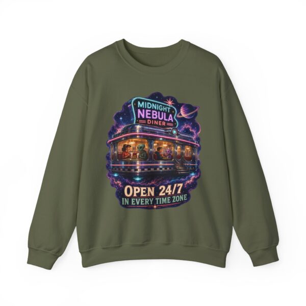 Midnight Nebula Diner Sweatshirt — "Open 24/7 in Every Time Zone"