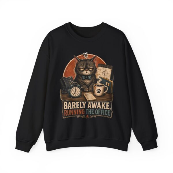 Cat Office Sweatshirt — "Barely Awake, Running the Office" Cozy Crewneck