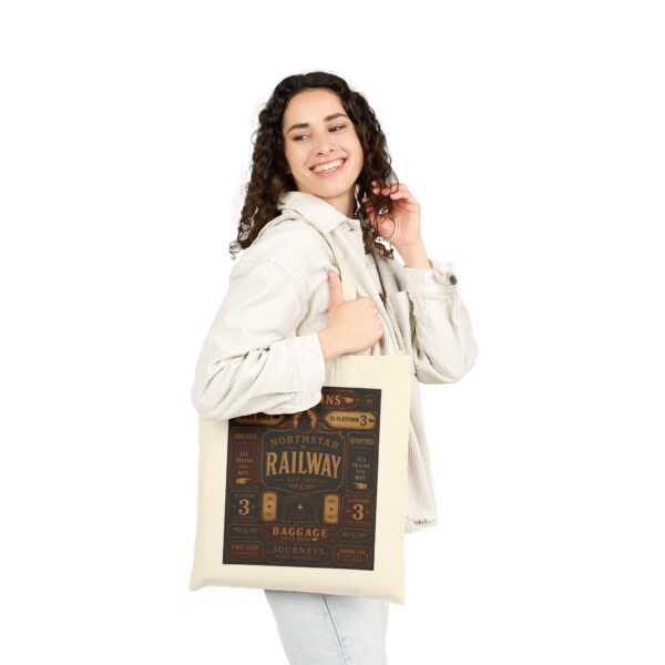 Railway Vintage Sign Tote Bag — Retro Train Station Canvas Tote antique train station signage, with bold directional typography, weathered enamel textures, and classic rail-era layou