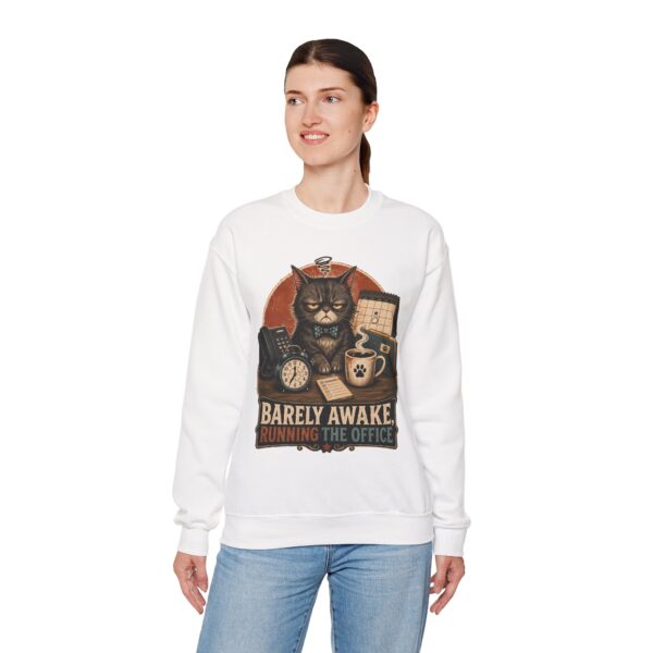 Cat Office Sweatshirt — "Barely Awake, Running the Office" Cozy Crewneck