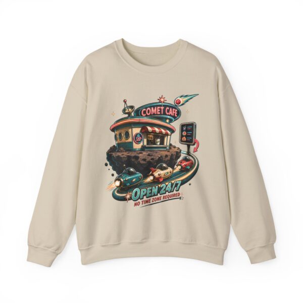 Comet Café Crewneck Sweatshirt — Retro Space Diner “Open 24/7” Graphic