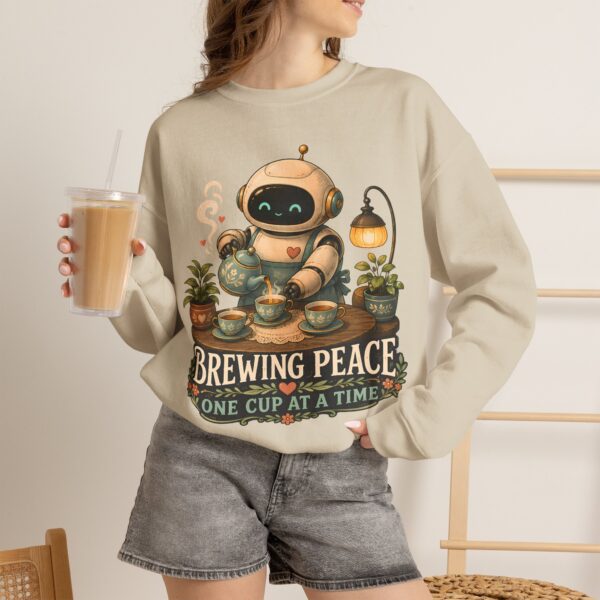 Brewing Peace Robot Sweatshirt — "Brewing Peace One Cup at a Time" Cozy Crewneck