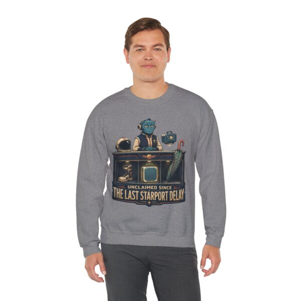 Crewneck Sweatshirt — "Unclaimed Since The Last Starport Delay" Alien Concierge Graphic