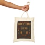 Railway Vintage Sign Tote Bag — Retro Train Station Canvas Tote antique train station signage, with bold directional typography, weathered enamel textures, and classic rail-era layou