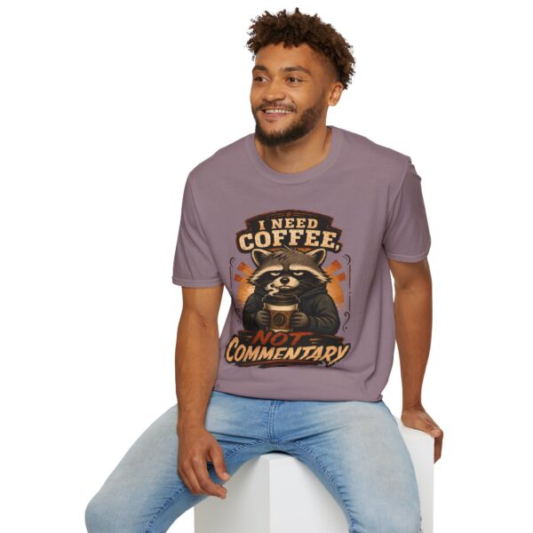 I Need Coffee Not Commentary Raccoon T-Shirt — Funny Coffee Lover Graphic Tee