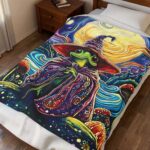 Mystic Frog Wizard Velveteen Plush Blanket — Moonlit Mushroom Forest Throw