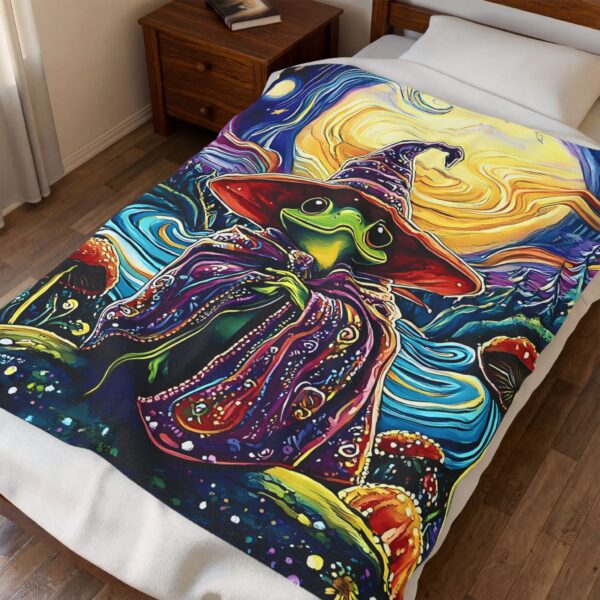 Mystic Frog Wizard Velveteen Plush Blanket — Moonlit Mushroom Forest Throw