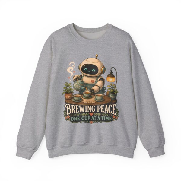 Brewing Peace Robot Sweatshirt — "Brewing Peace One Cup at a Time" Cozy Crewneck