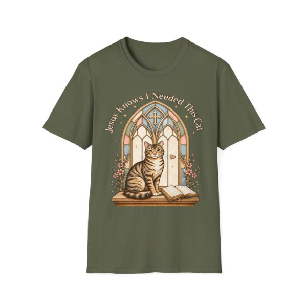 Cat Prayer T-Shirt — "Jesus Knows I Needed This Cat" Vintage Stained-Glass Design