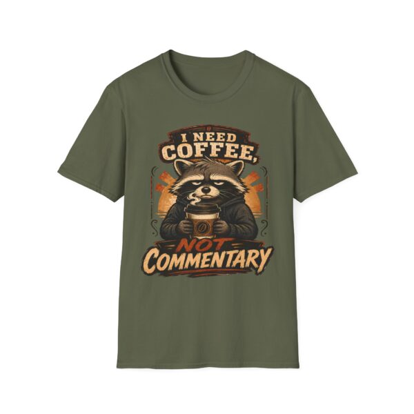I Need Coffee Not Commentary Raccoon T-Shirt — Funny Coffee Lover Graphic Tee