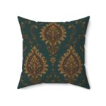 Vintage Teal Damask Pillow — Antique Gold Baroque Floral Throw Cushion