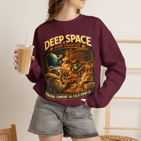 Deep Space Soup Counter Crewneck Sweatshirt — Retro Sci‑Fi Diner Graphic ("Serving Comfort in Cold Orbits")