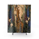 Giraffe & Cats Vintage Botanical Shower Curtain — Storybook Safari Bath Decor