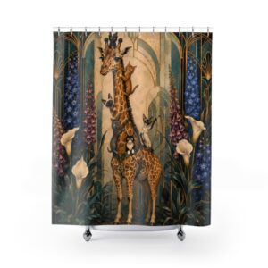 Giraffe & Cats Vintage Botanical Shower Curtain — Storybook Safari Bath Decor