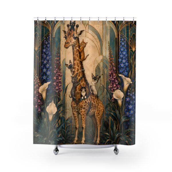 Giraffe & Cats Vintage Botanical Shower Curtain — Storybook Safari Bath Decor