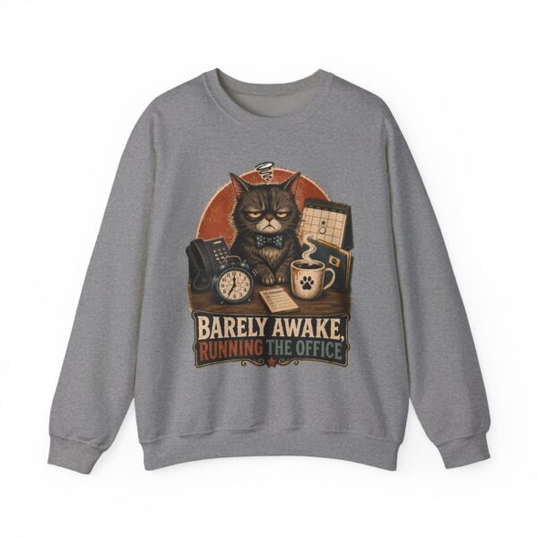 Cat Office Sweatshirt — "Barely Awake, Running the Office" Cozy Crewneck