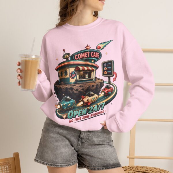 Comet Café Crewneck Sweatshirt — Retro Space Diner “Open 24/7” Graphic