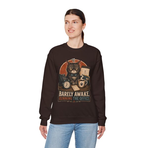 Cat Office Sweatshirt — "Barely Awake, Running the Office" Cozy Crewneck