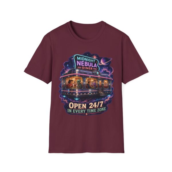 Midnight Nebula Diner T-Shirt — 'Open 24/7 in Every Time Zone' Retro Space Diner Tee