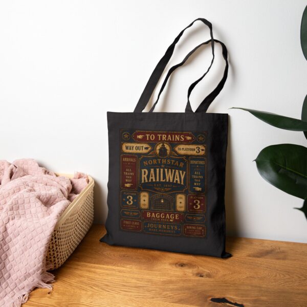 Railway Vintage Sign Tote Bag — Retro Train Station Canvas Tote antique train station signage, with bold directional typography, weathered enamel textures, and classic rail-era layou